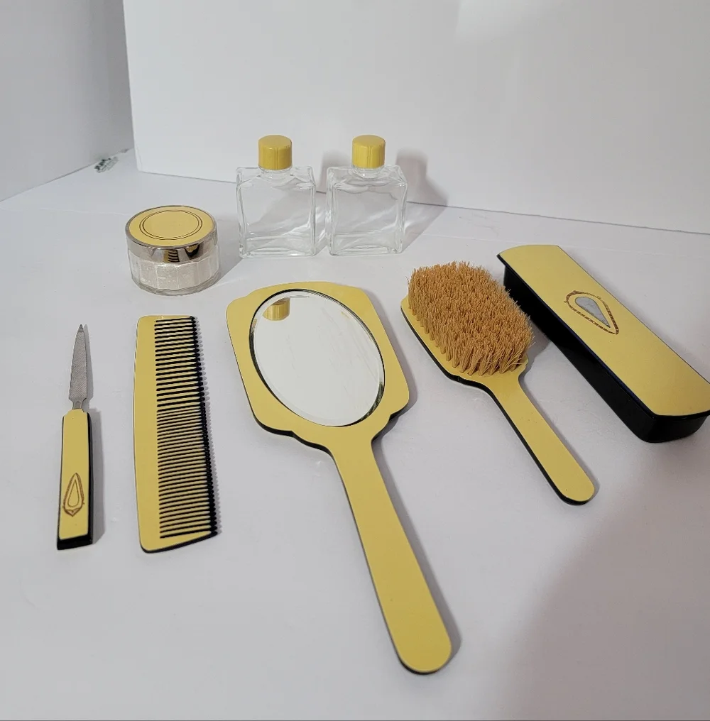 Vintage Art Deco Celluloid Bakelite Vanity Set Mirror 8 Pc Set Mirror Brush